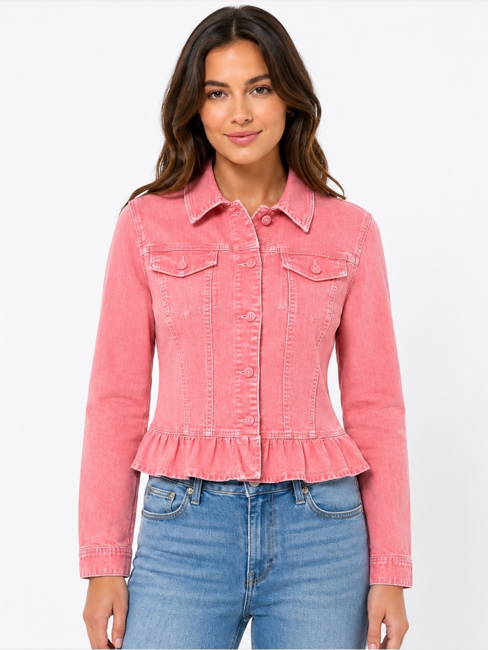 DG2 Diane Gilman Pink Stretch Ruffle Denim Jacket NWT